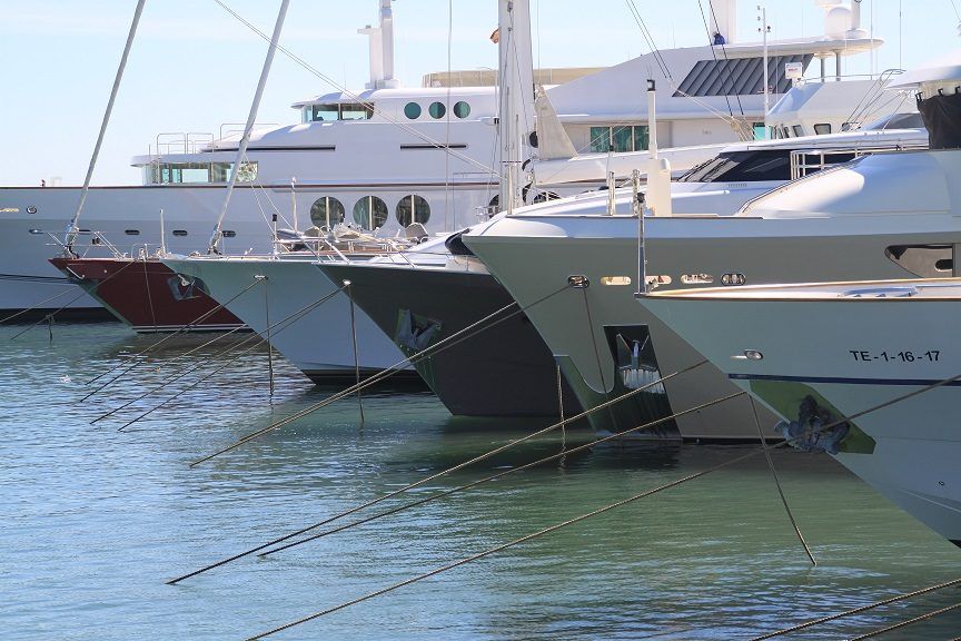 Bows of superyachts moored at Mataró Marina Barcelona